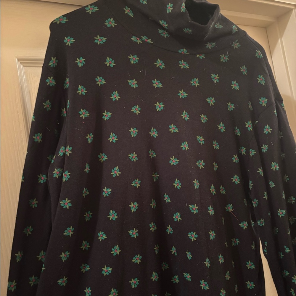 Black Turtleneck with Green Floral Pattern